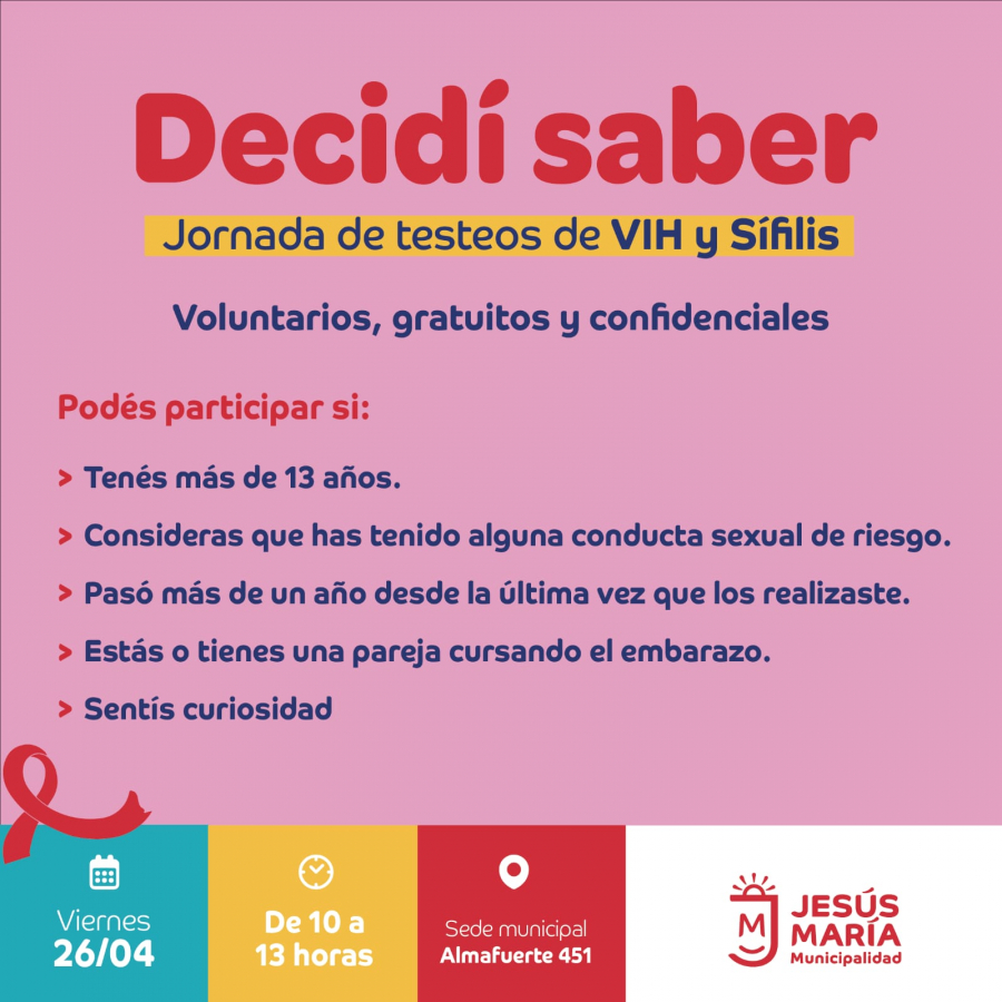 Decidí saber: jornada de testeos gratuitos y confidenciales de VIH y Sífilis en Jesús María